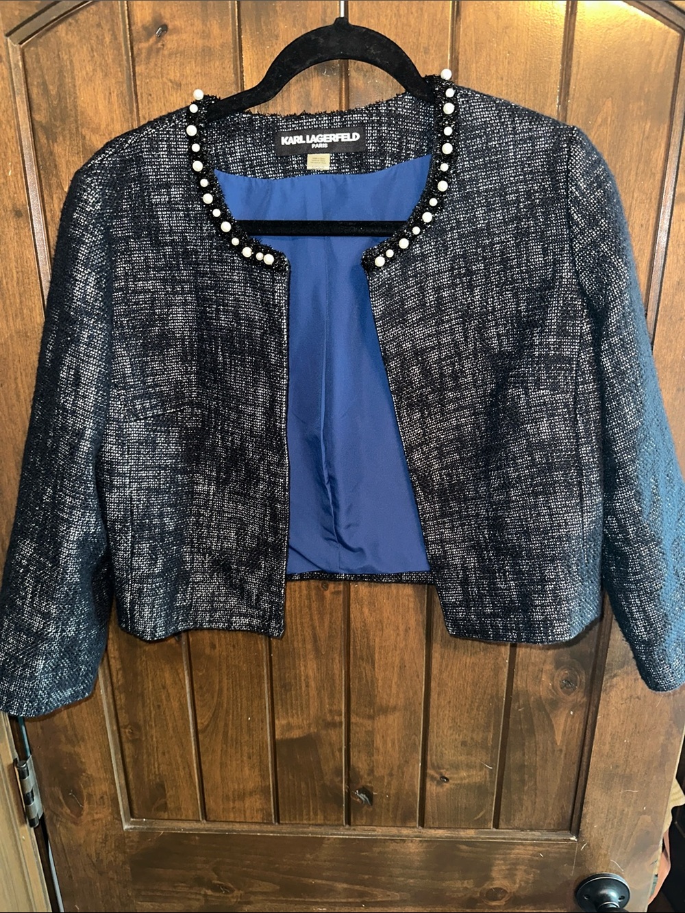 Karl Lagerfeld Navy Tweed Pearl-Trim Cropped Jacket